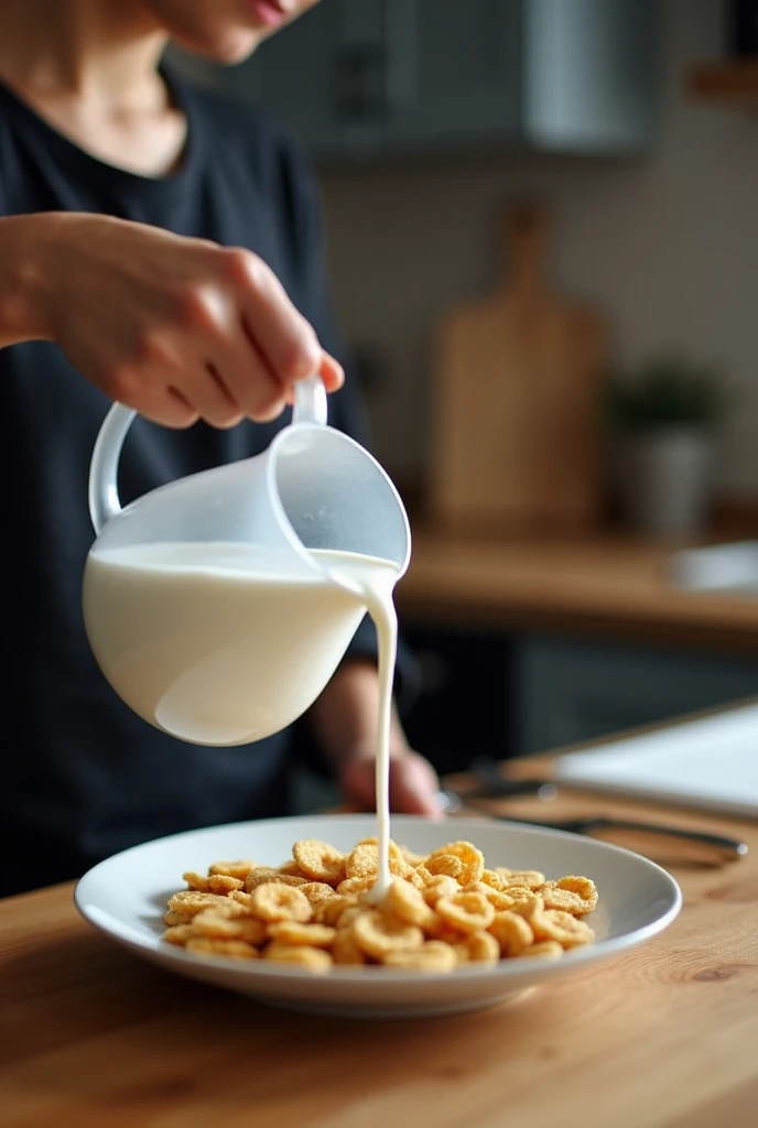 person in black shirt in kitchen pouring milk before cereal 