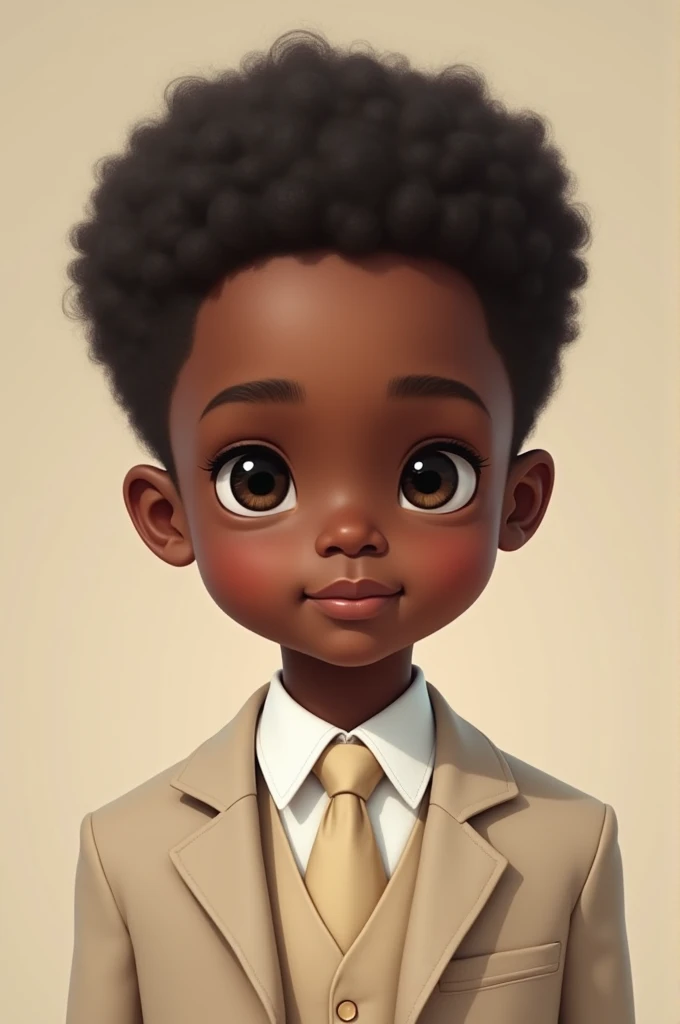 Dark-skinned boy with black hair in a beige first communion suit