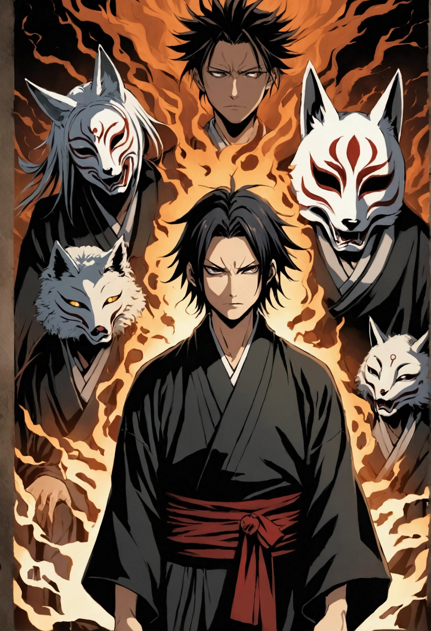 "Cover image for an isekai book. At the center, Renji Takashi, a 17 year old with fair skin, straight medium black hair, and dark eyes that convey sadness and tiredness. He is wearing a worn and faded kimono, staring at the reader with an expression of anguish. Behind him, a shadowy ghost with long, disheveled hair, dressed in torn kimono fragments and wearing a broken Japanese fox mask, is approaching. No fundo, a Kitsune no Men mask is visible, creating a dramatic contrast with the scene."
```