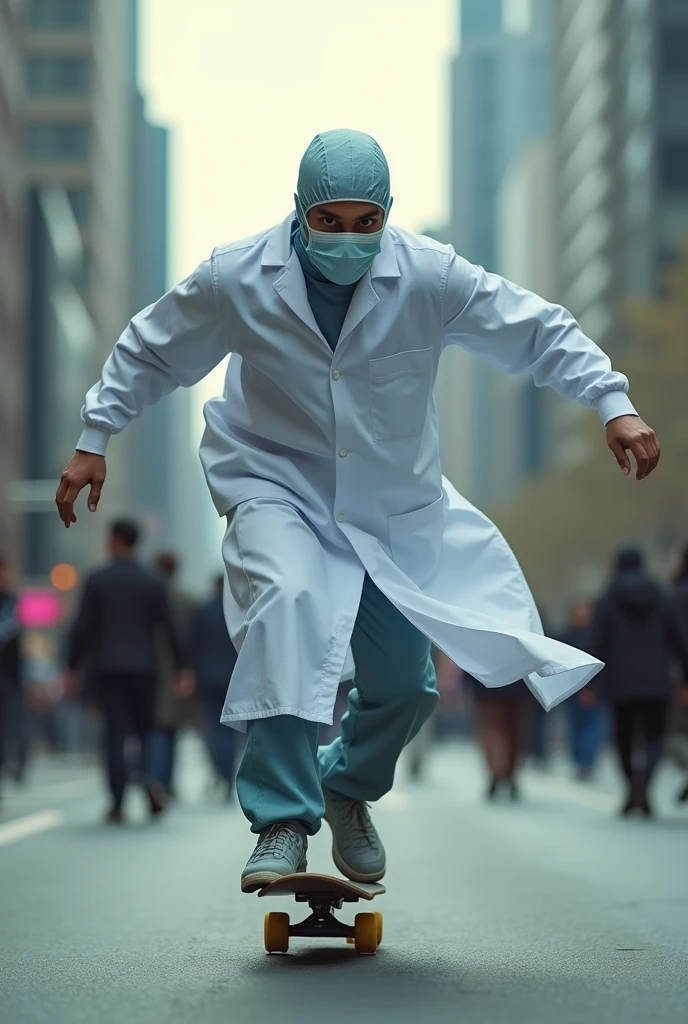 A surgeon on a skateboard