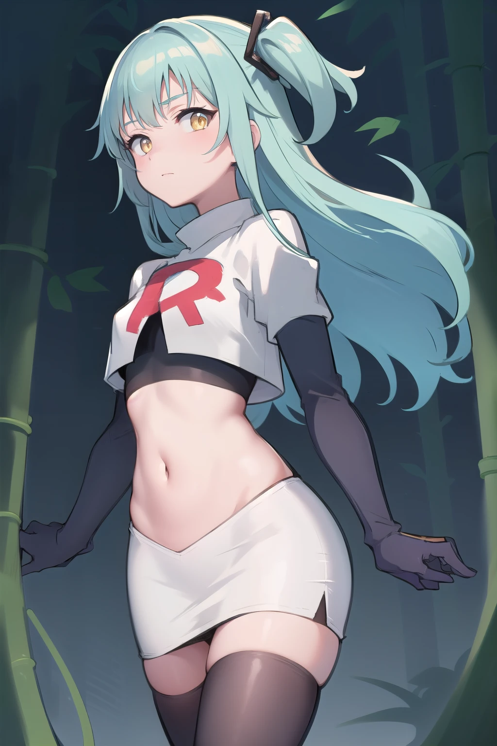 best quality, (masterpiece:1.2), illustration, absurdres,
(1girl, solo), (beautiful detailed girl),
Tio Plato, yellow eyes, aqua hair, long hair, two side up, small breasts,
fake animal ears,
team rocket,team rocket uniform,white skirt,red letter R,crop top,black thigh-highs,black elbow gloves,
looking at viewer,
in bamboo forest, stream,,
cowboy shot,