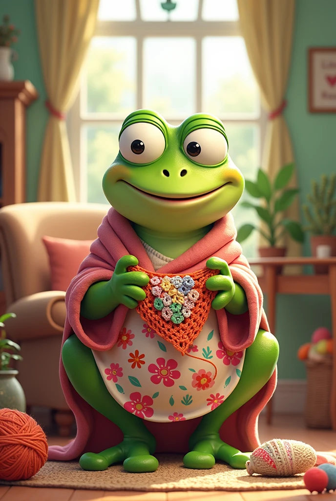 a frog cartoon grandma who crochets  