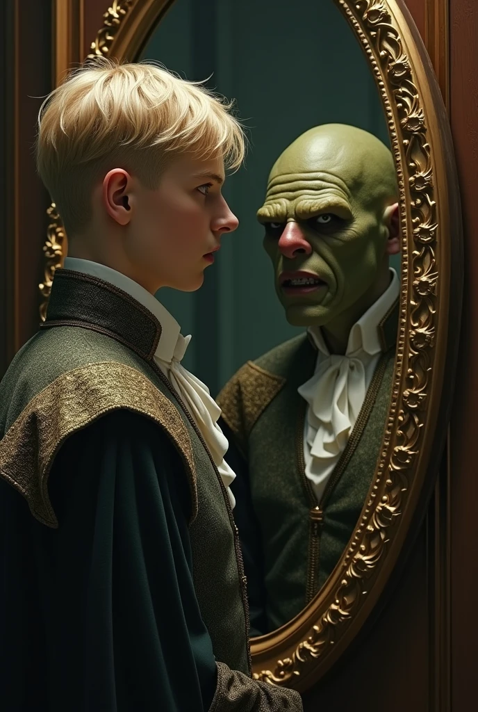 A handsome blond prince looking in the mirror, but the mirror reflects the image of an ugly ogre with the same hair and wearing the same clothes