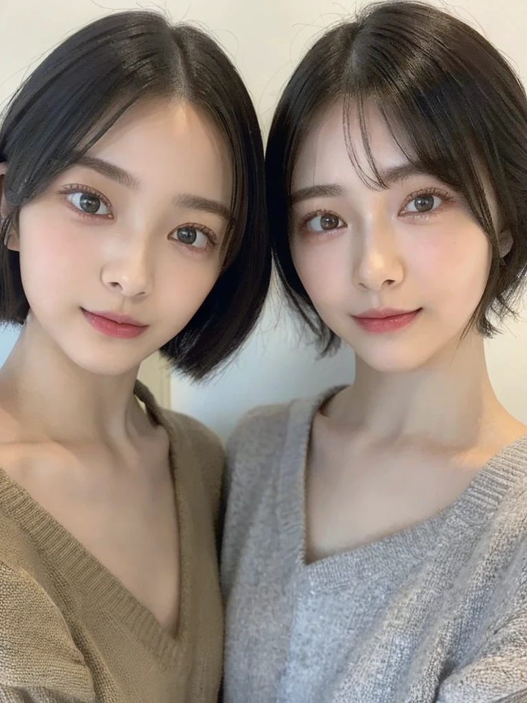 (masterpiece:1.3), (8k, Photoreal, Raw photo, best image quality: 1.4), Japanese high school girl、(random hairstyle:1.2)、cleavage:1.5、super detail face、eye for details、double eyelid、chest to chest、sharp focus:1.2、Beautiful woman:1.4、light brown hair、highest quality、masterpiece、超A high resolution、(Photoreal:1.4)、Highly detailed and professionally lit smiles、loose and light knitwear、shoulder out、thin、serious expression、short haired、deadly position
similar identical twins
All the girls have the exact same face, The two have the same face and figure, as if they were mirror images.