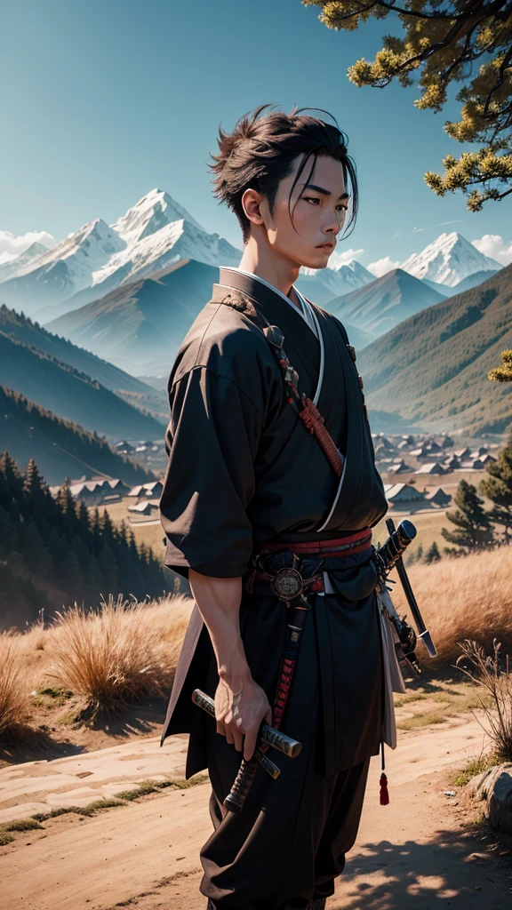 ((4k)) A young samurai in traditional dress, holding a katana, looking at the horizon with determination. The village is in the background, surrounded by trees and mountains.