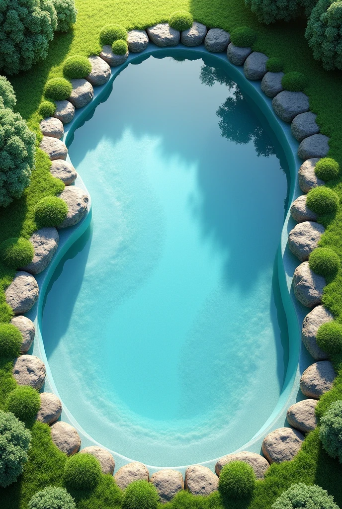 a large crystal clear pool in one place and on the edge of the pool grass