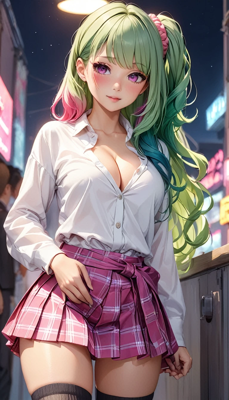 masterpiece、Highest quality、Midnight Town、Waiting for the night、Neon waiting、Detailed Background、(Black knee socks、Pleated skirt、Checked skirt、uniform、tie、White shirt、Hair Scrunchie、Ultra mini skirt、Cowboy Shot、Beautiful Face、Green Hair、Pink mesh hair、Gradient Hair)、(Blushed:1.5)、((Magenta Eyes、Heart Pupil))、、(Erotic pose)、 Cardigan to wrap around the waist、Cleavage