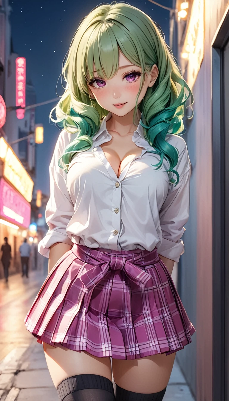 masterpiece、Highest quality、Midnight Town、Waiting for the night、Neon waiting、Detailed Background、(Black knee socks、Pleated skirt、Checked skirt、uniform、tie、White shirt、Hair Scrunchie、Ultra mini skirt、Cowboy Shot、Beautiful Face、Green Hair、Pink mesh hair、Gradient Hair)、(Blushed:1.5)、((Magenta Eyes、Heart Pupil))、、(Erotic pose)、 Cardigan to wrap around the waist、Cleavage