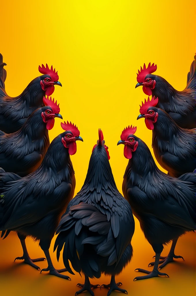 A yellow background with black roosters in a ring