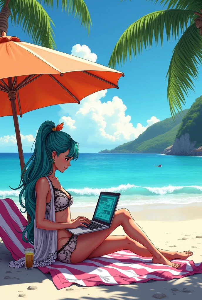 atmosfera sombria oleosa estilo yuyu Hakusho ful hd 4k 100 lines art Vegeta + Sakura sexy with long aqua short red hair lounges on a beach towel under a colorful umbrella. She wears a ink neon maio with frills and a sheer, decorated cover-up, appearing relaxed while using a laptop. The background features a tropical beach scene with palm trees, soft waves, and a clear blue sky dotted with clouds. Sunlight glistens on her skin, and a glass with a drink sits nearby.