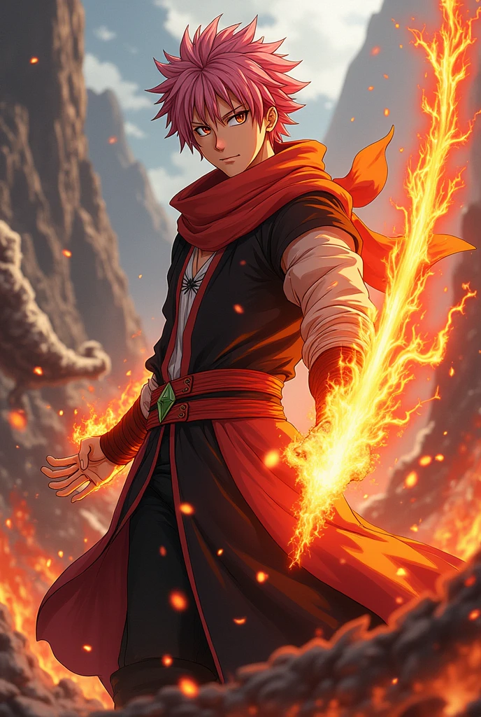 A fire-eating dragon slayer mage. Young. Dragon scale scarf. Light pink hair. Male. His special move is the dragon slayer's ultimate skill, the Crimson Flame Blade. His name is Natsu Dragneel.