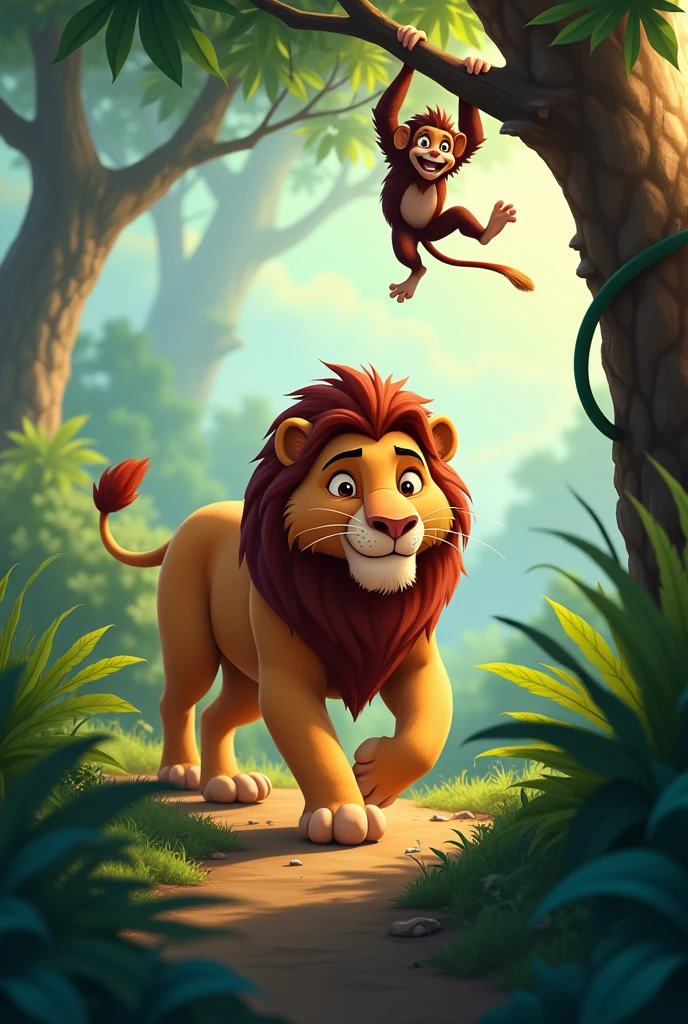 Animated image of a lion walking through the jungle with a wider background,
the monkey coming down from the tree