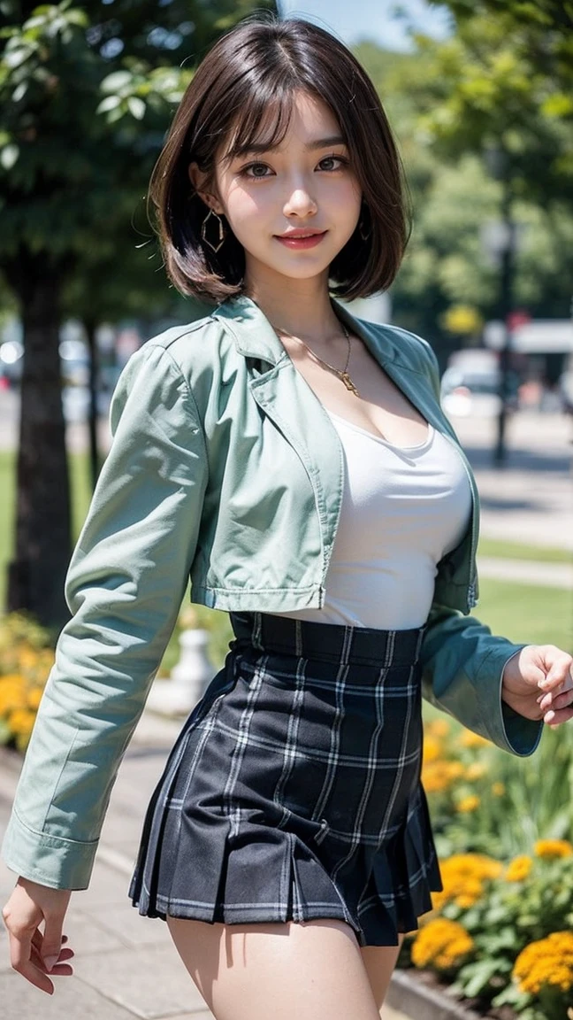 (Beautiful girl Walking in a flower garden), ((Surrounded by lots of marigolds)), (masterpiece:1.3), light makeup, red lips, beautiful hair, Black hair, (Medium bob hair:1.3), elegant, soft lighting, Very fine details, masterworks, authentic texture, perfect work, (1 girl), (One Woman), 16k, high resolution, exquisite features, brown eyes, (Ultra-high resolution eye:1.1), Japanese idol, beautiful face, ((artists work)), (gentle smile like a goddess), attractive, well-shaped breasts, beautiful cleavage, shiny skin, smooth skin, BREAK, (High cut leotard dress with Light green linen jacket:1.3), BREAK, (Argyle check Argyle check pleated mini skirt:1.3), earrings, necklace, BREAK, upper body, (Standing position), (open legs), (lovely smile), Walking,(Low Angle Shot:1.2), shoot from below, model pose,