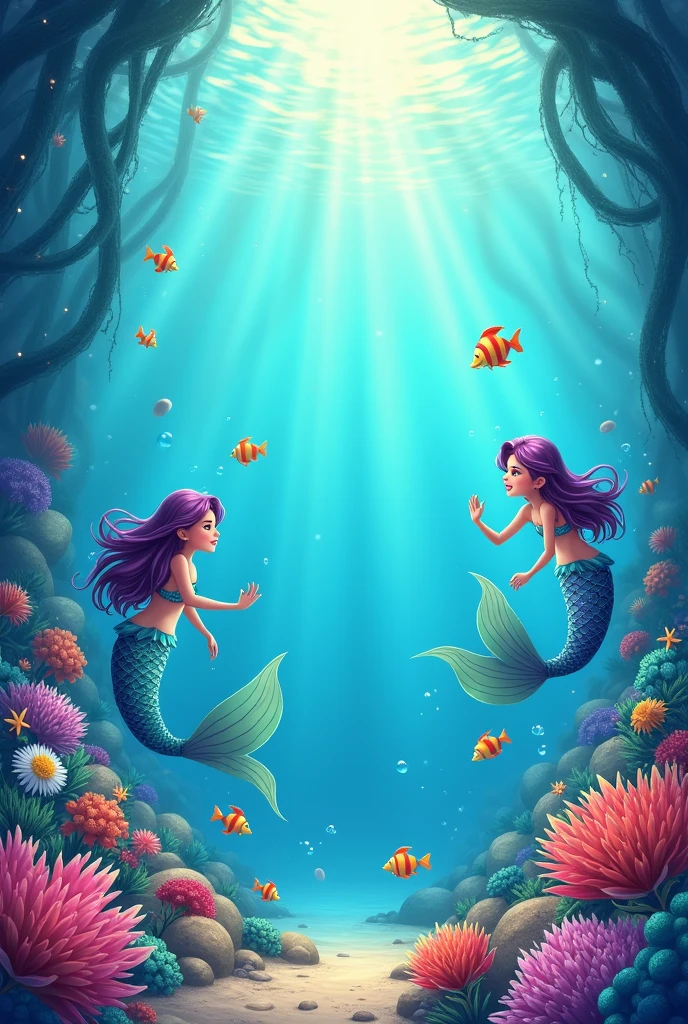 Landscape birthday invitation with seabed and mermaid designs with space to write in the middle
