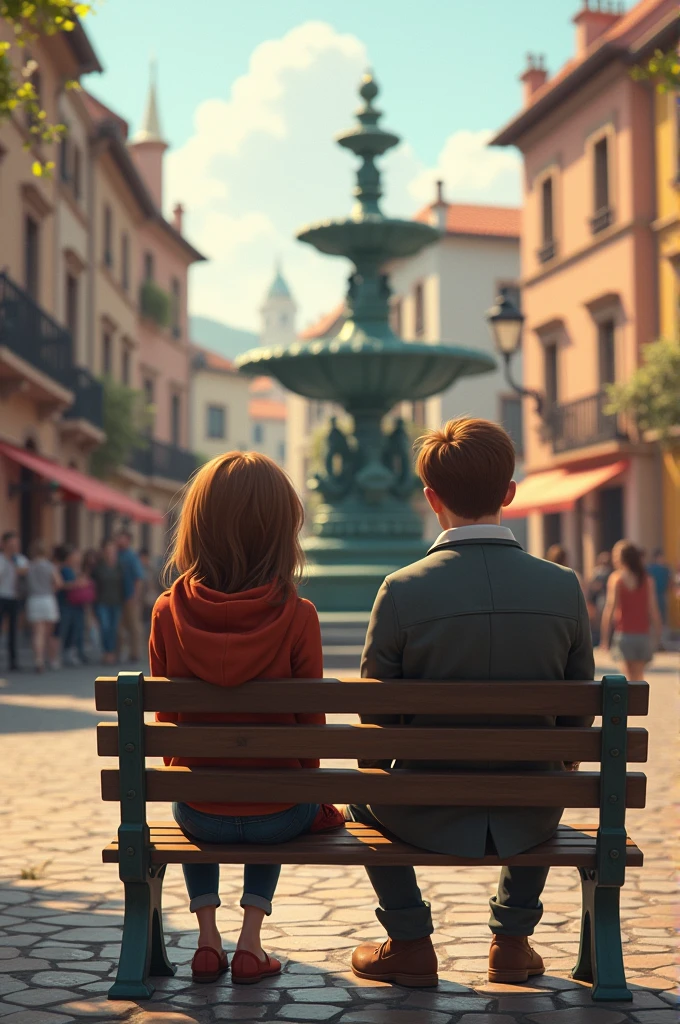 An embarrassed couple, sitting on the bench in a square
