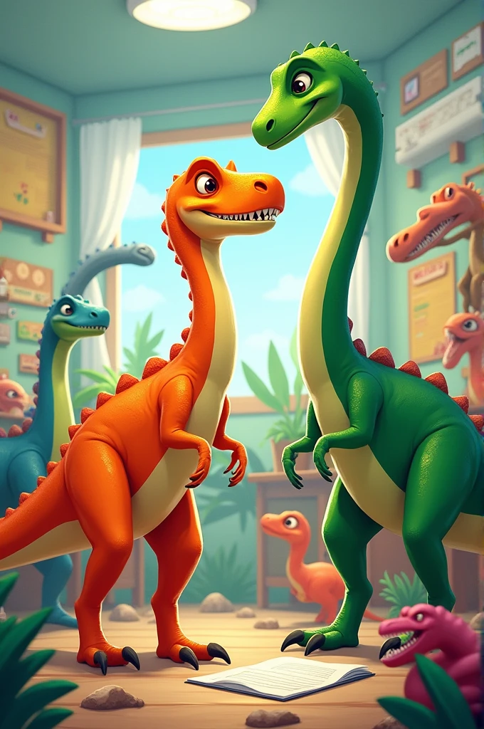 Create a drawing of an orange Velociraptor and a green Brachiosaurus in a classroom with more dinosaurs around them, cheered up 