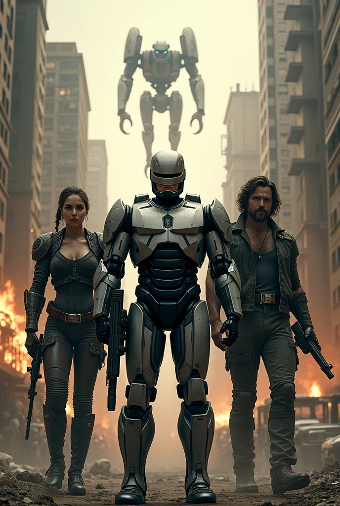 An image of Robocop, Rambo and the T-800 standing, ready for battle, with a backdrop of a ruined city and an army of machines and hybrid creatures on the horizon.