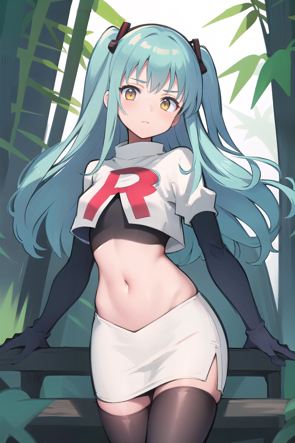 best quality, (masterpiece:1.2), illustration, absurdres,
(1girl, solo), (beautiful detailed girl),
Tio Plato, yellow eyes, aqua hair, long hair, two side up, small breasts,
fake animal ears,
team rocket,team rocket uniform,white skirt,red letter R,crop top,black thigh-highs,black elbow gloves,
looking at viewer,
in bamboo forest, stream,,
cowboy shot,