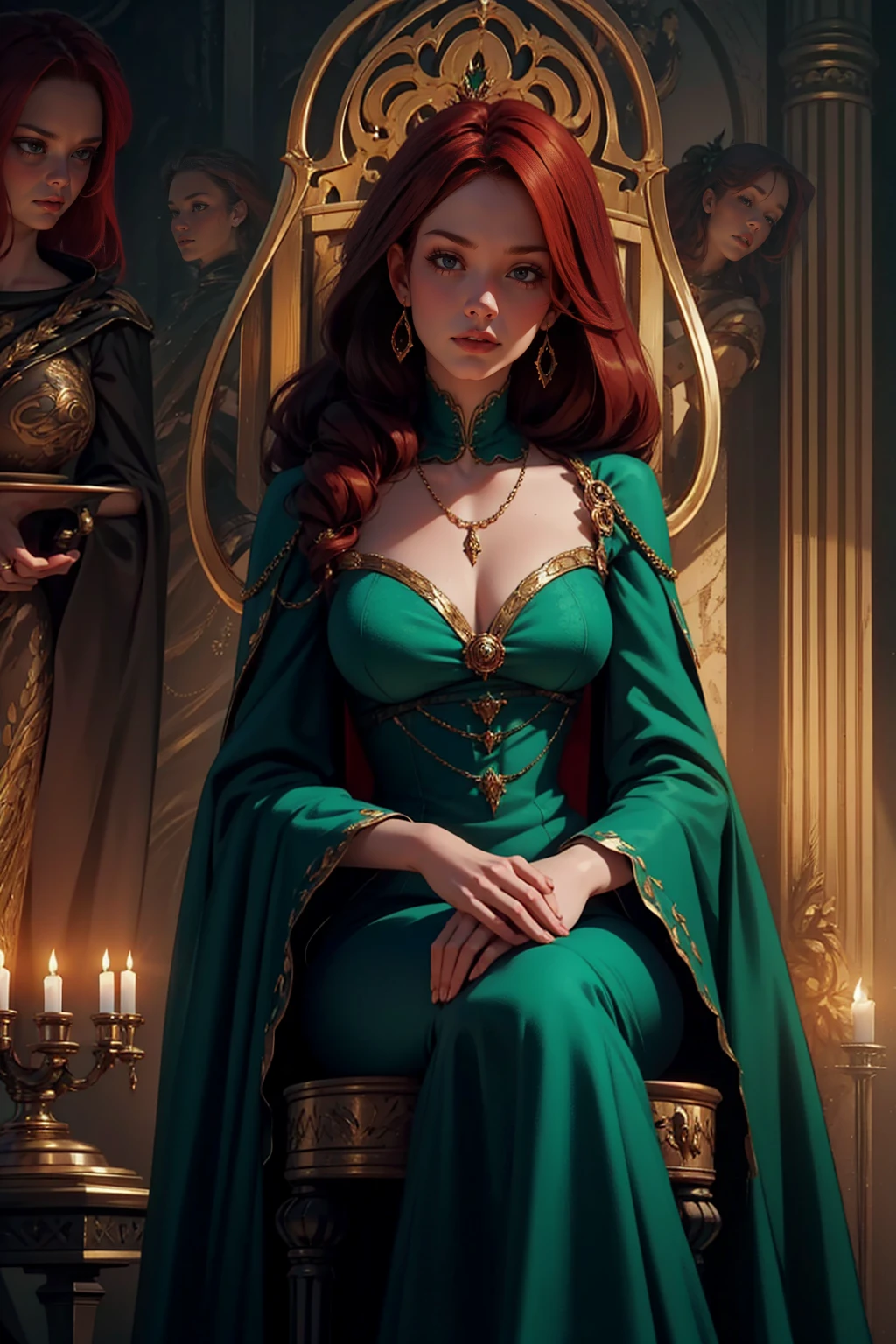 {-erro_de_anatomia:1.0} woman 40 years old, victorian era, queen clothes, (green dress), dark castle, a woman (alicent hightower), meddium dark red hair (dark red hair), (brown eyes) . Indifferent look , merciless. among the dragons, dinamic poses, egoist smile, upper body, sitting in the iron throne
