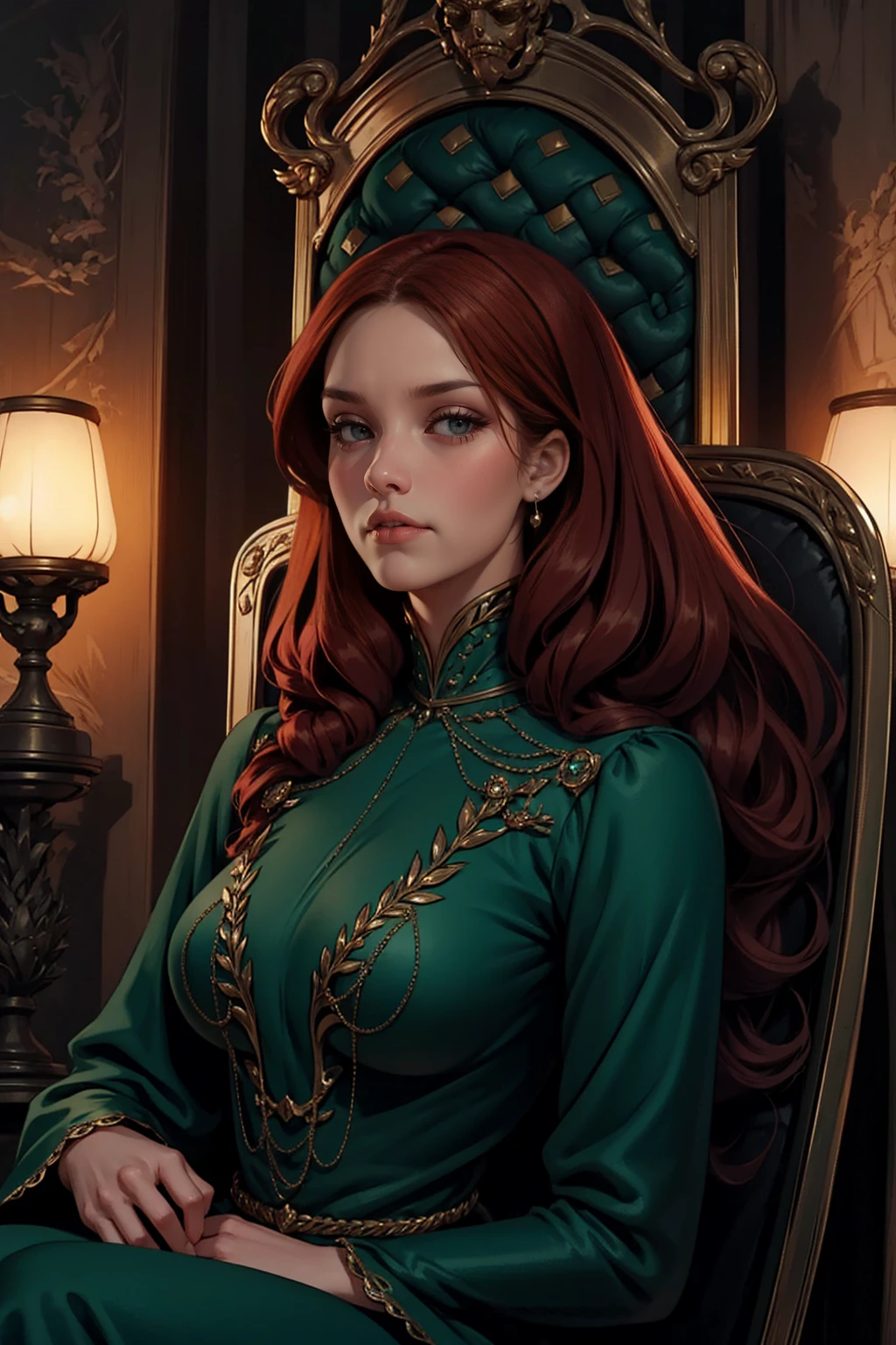 {-erro_de_anatomia:1.0} woman 40 years old, victorian era, queen clothes, (green dress), dark castle, a woman (alicent hightower), meddium dark red hair (dark red hair), (brown eyes) . Indifferent look , merciless. among the dragons, dinamic poses, egoist smile, upper body, sitting in the iron throne