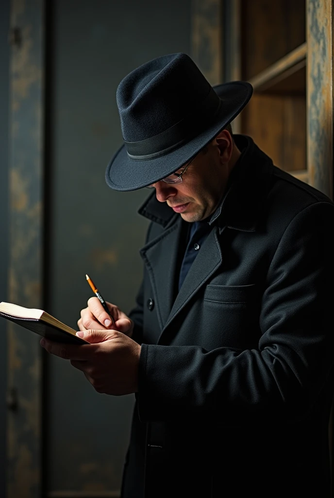 a detective looking at a notebook