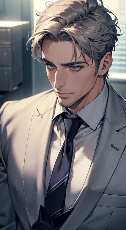 (best quality,4k,8k,highres,masterpiece:1.2),ultra-detailed,(realistic,photorealistic,photo-realistic:1.37),1 man,31 years old,mature man,very handsome,without expression,smile,short grey hair,blue eyes,penetrating gaze,perfect face without errors,imposing posture,businessman,office background,cinematic lighting,hdr image