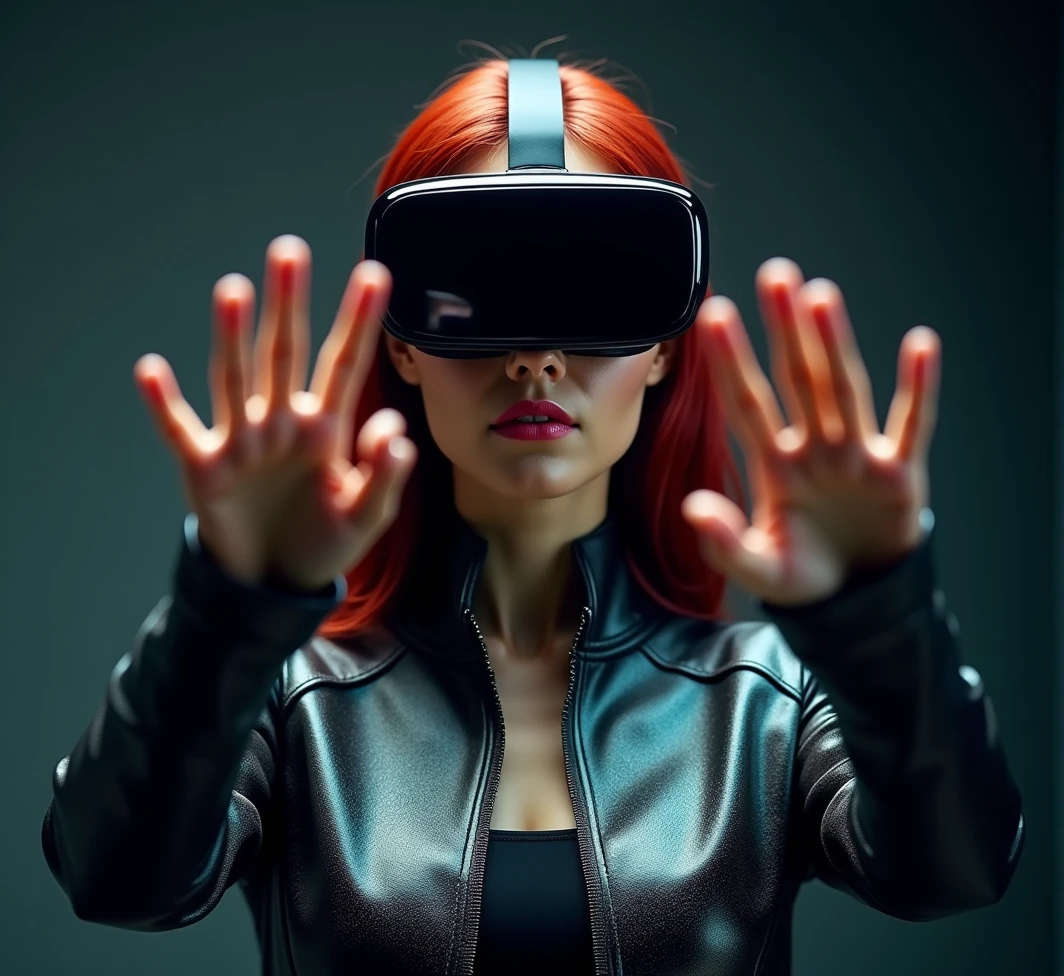 ((best quality)), ((masterpiece)), (detailed), 1girl, A beautiful woman with red cherry hair wearing black vr goggles, pointing, grabbing hands gesture interaction, dark background, iridescent textured jacket, leather suit. wear trousers. red cherry long straight hair, slightly blurred, studio setup with soft lighting, futuristic theme, inspired by modern vr technology photography, best quality. Cinematic, Photoshoot, Shot on 25mm lens, Depth of Field, Tilt Blur, Shutter Speed 1/1000, F/22, White Balance, 32k, Super-Resolution, Pro Photo RGB, Half rear Lighting, Backlight, Dramatic Lighting, Incandescent, Soft Lighting, Volumetric, Conte-Jour, Global Illumination, Screen Space Global Illumination, Scattering, Shadows, Rough, Shimmering, Lumen Reflections, Screen Space Reflections, Diffraction Grading, Chromatic Aberration, GB Displacement, Scan Lines, Ambient Occlusion, Anti-Aliasing, FKAA, TXAA, RTX, SSAO, OpenGL-Shader’s, Post Processing, Post-Production, Cell Shading, Tone Mapping, CGI, VFX, SFX, insanely detailed and intricate, hyper maximalist, elegant, dynamic pose, photography, volumetric, ultra-detailed, intricate details, super detailed, ambient.