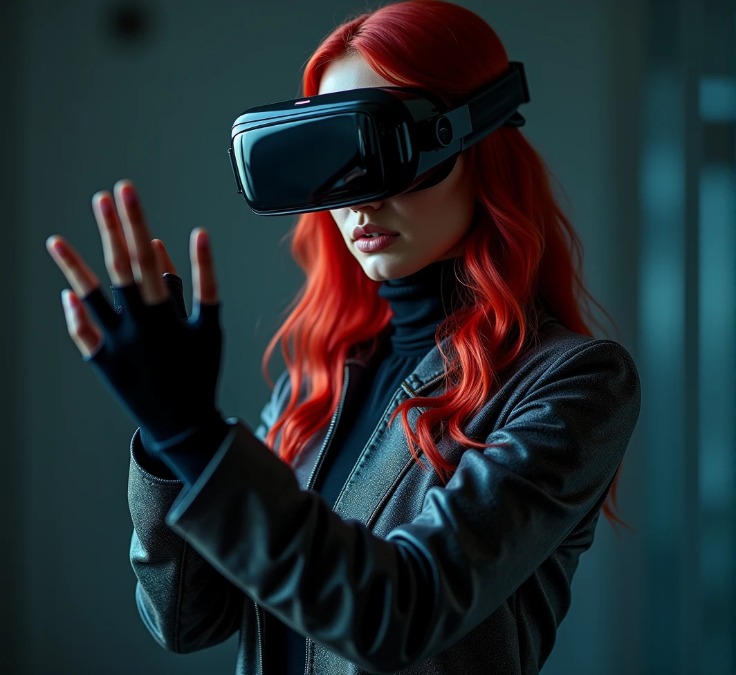 ((best quality)), ((masterpiece)), (detailed), 1girl, A beautiful woman with red cherry hair wearing black vr goggles, pointing, grabbing hands gesture interaction, dark background, iridescent textured jacket, leather suit. wear trousers. red cherry long straight hair, slightly blurred, studio setup with soft lighting, futuristic theme, inspired by modern vr technology photography, best quality. Cinematic, Photoshoot, Shot on 25mm lens, Depth of Field, Tilt Blur, Shutter Speed 1/1000, F/22, White Balance, 32k, Super-Resolution, Pro Photo RGB, Half rear Lighting, Backlight, Dramatic Lighting, Incandescent, Soft Lighting, Volumetric, Conte-Jour, Global Illumination, Screen Space Global Illumination, Scattering, Shadows, Rough, Shimmering, Lumen Reflections, Screen Space Reflections, Diffraction Grading, Chromatic Aberration, GB Displacement, Scan Lines, Ambient Occlusion, Anti-Aliasing, FKAA, TXAA, RTX, SSAO, OpenGL-Shader’s, Post Processing, Post-Production, Cell Shading, Tone Mapping, CGI, VFX, SFX, insanely detailed and intricate, hyper maximalist, elegant, dynamic pose, photography, volumetric, ultra-detailed, intricate details, super detailed, ambient.