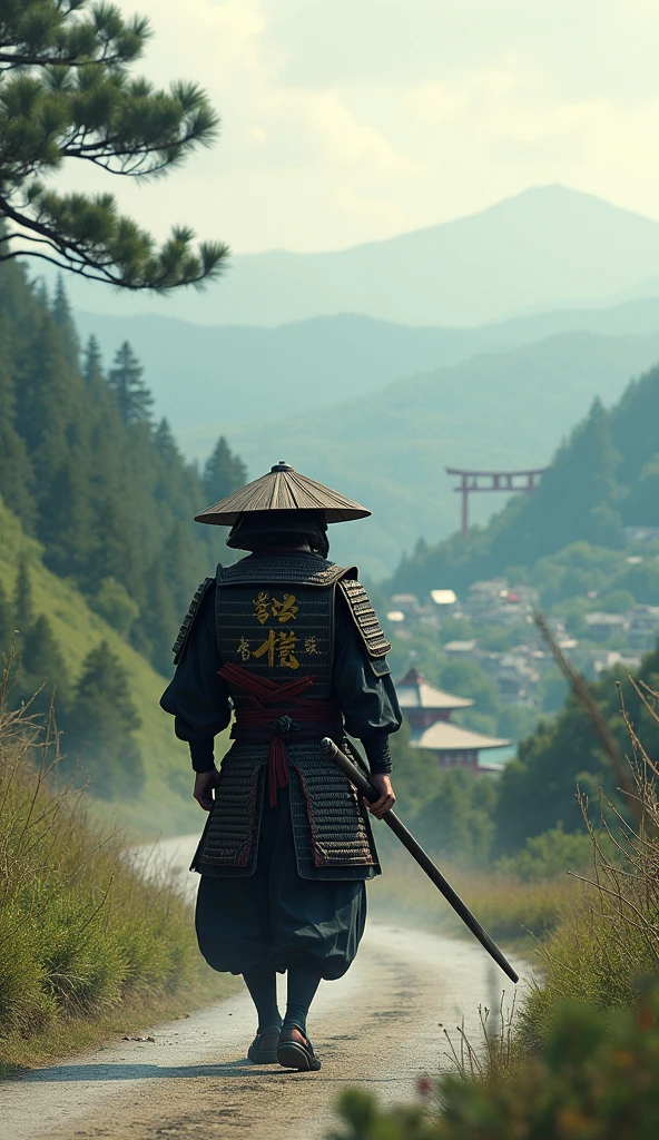 A samurai walking on a road to a Japanese city
