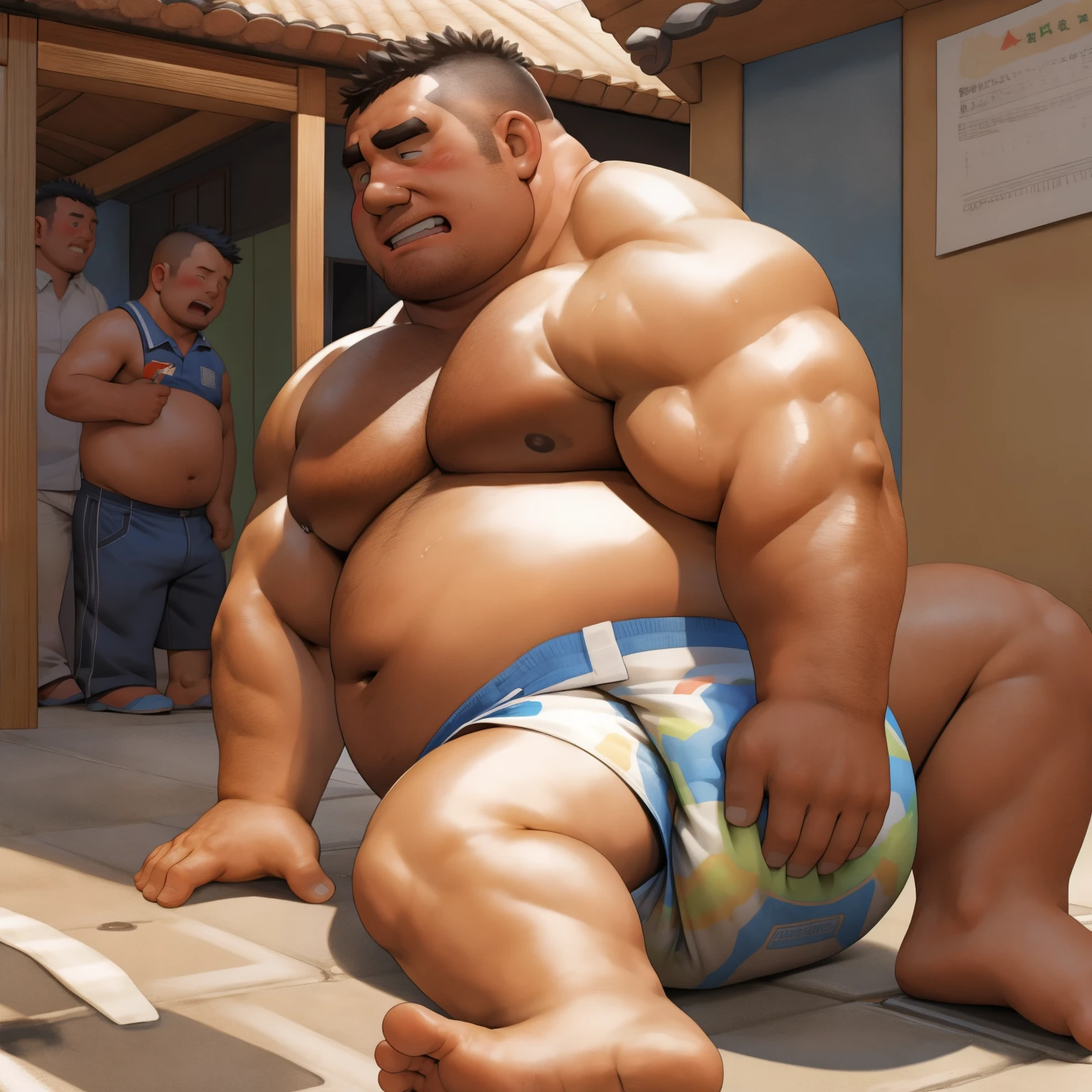 masterpiece, Top quality, in 32K, perfect anatomy, hyper detailed, super fine illustration, The thick man is a brutal prisoner, retarded, hairy human, 50yo in Japan, (fatness: 1.0), Fatty muscle, Bowleg, disappointment, incontinent, be diaper check by children, waddle, There is a small puddle under him, incontinent, Naked, short legs, Bowleg, spread legs, wear a White cloth Diaper, Bare belly, Bare legs, Bare foots, Bare soles, Shirtless, wide forehead and short thinning hair, Man with round face with stubble, Bare foots, Bare soles, shy, sissy, Weaker than children, Drool, Round face, steams, Solo, He enters nursery school and is despised by children, He surrounded by children, His bottom is wet, Bare foots, big butt, he is scolded by the children, White Diaper, He surrounded by children, sobbing, wear a White cloth Diaper, shirtless, There is a small puddle under him, He enters nursery school and is despised by children, big butt, sobbing, He crawling to go to children, on all fours, side view