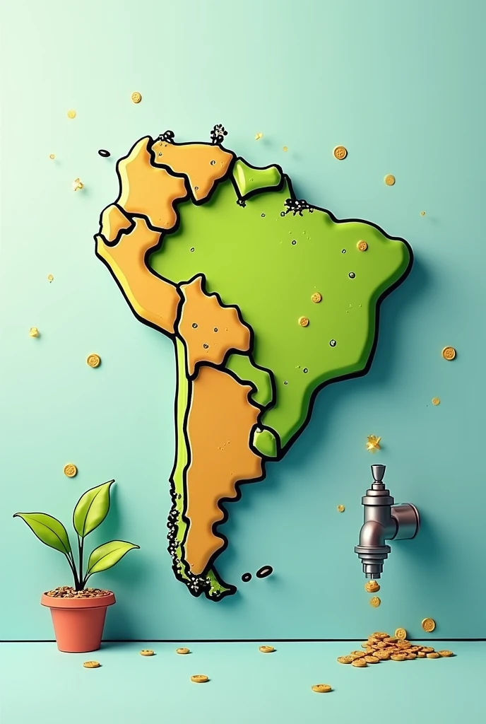 create a 3d drawing, tipo cartoon, containing the map of Brazil with a tap where money comes out