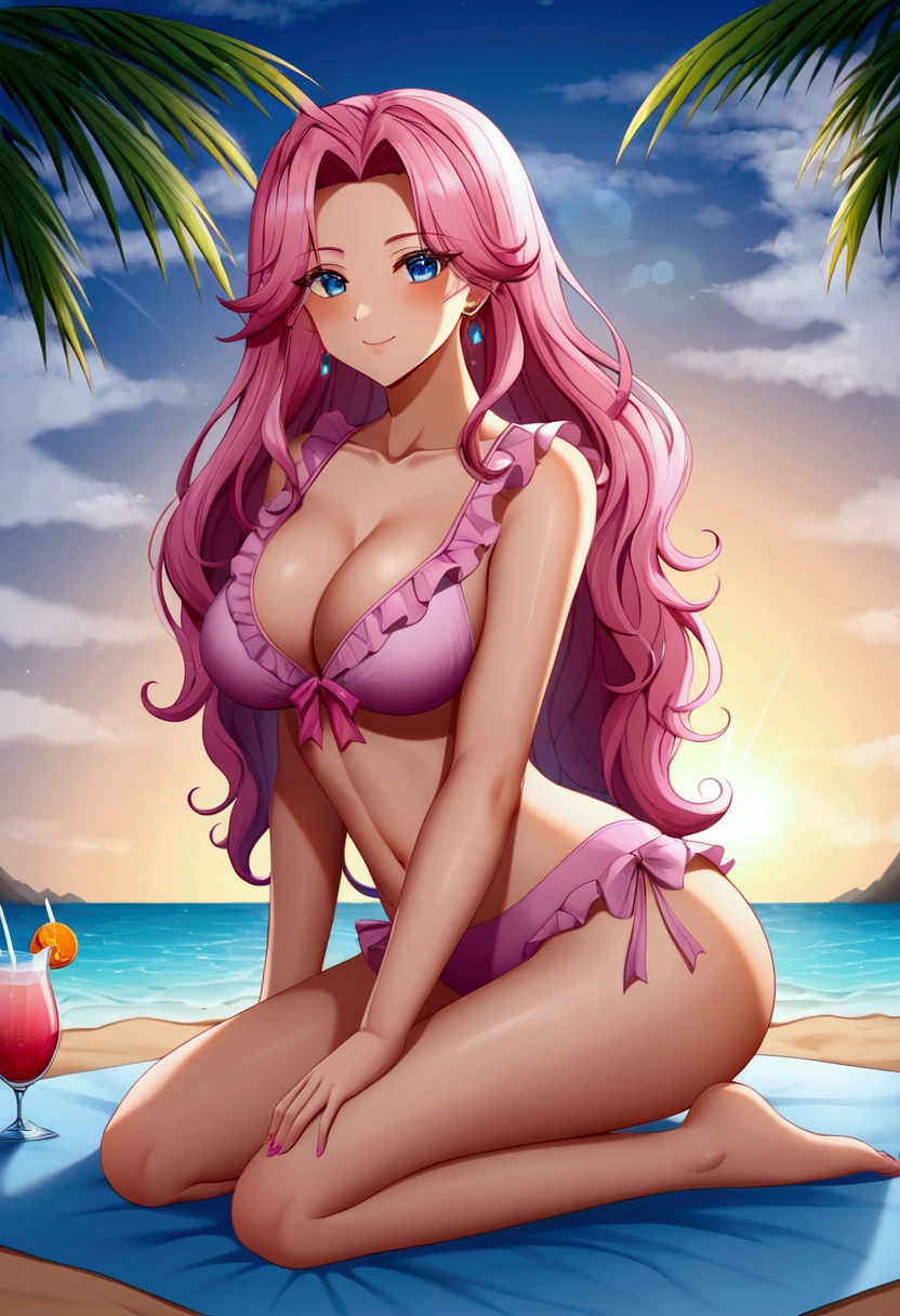 atmosfera sombria oleosa estilo yuyu Hakusho ful hd 4k 100 lines art Vegeta power Fenix + Sakura  sexy with long aqua short gold + pink  hair lounges on a beach towel under a colorful umbrella. She wears a pink neon maio with frills and a sheer, decorated cover-up, appearing relaxed while using a laptop. The background features a tropical beach scene with palm trees, soft waves, and a clear blue sky dotted with clouds. Sunlight glistens on her skin, and a glass with a drink sits nearby.