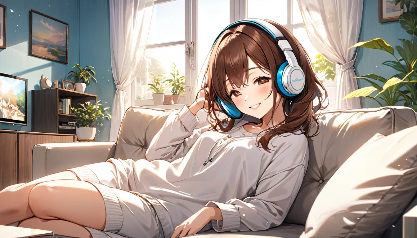 (Brown-haired girl wearing headphones), (Listening to music in the living room), (Very detailed, masterpiece, Highest quality, bright), (Anime Style)
background: brightリビングルーム
表情: Happy smiling costume: Casual home wear pose: A scene of people lying on the sofa and enjoying music: The afternoon sunlight streaming in through the window、Relaxing music
