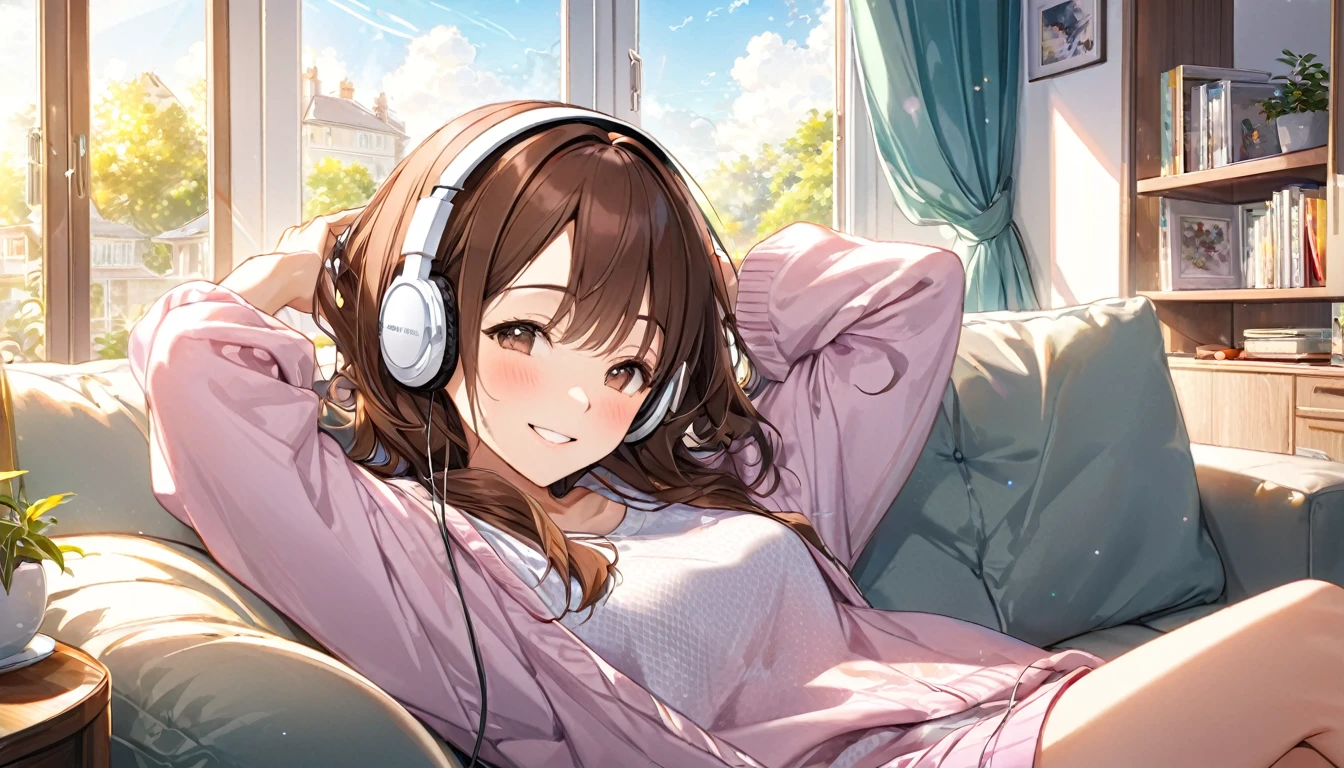 (Brown-haired girl wearing headphones), (Listening to music in the living room), (Very detailed, masterpiece, Highest quality, bright), (Anime Style)
background: brightリビングルーム
表情: Happy smiling costume: Casual home wear pose: A scene of people lying on the sofa and enjoying music: The afternoon sunlight streaming in through the window、Relaxing music
