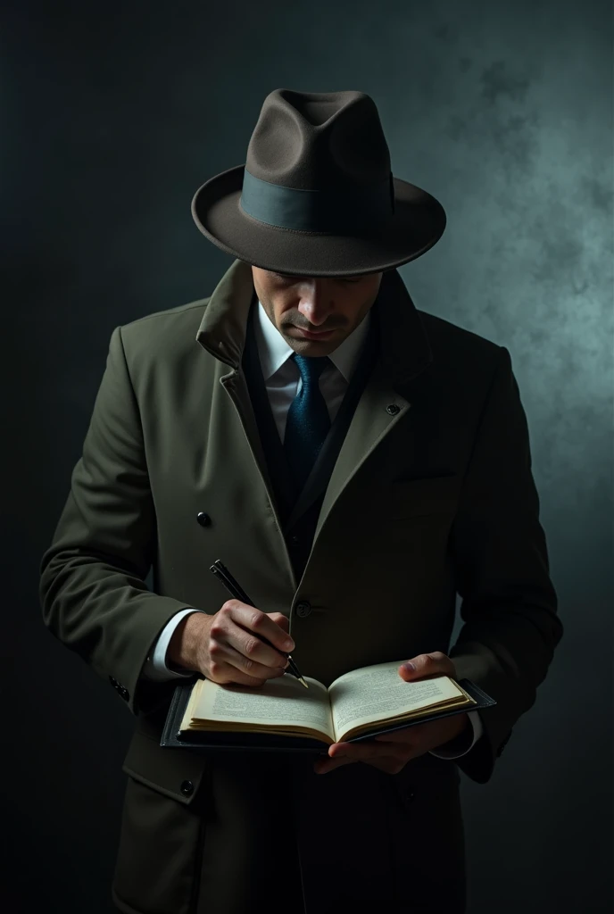 a detective looking at a notebook