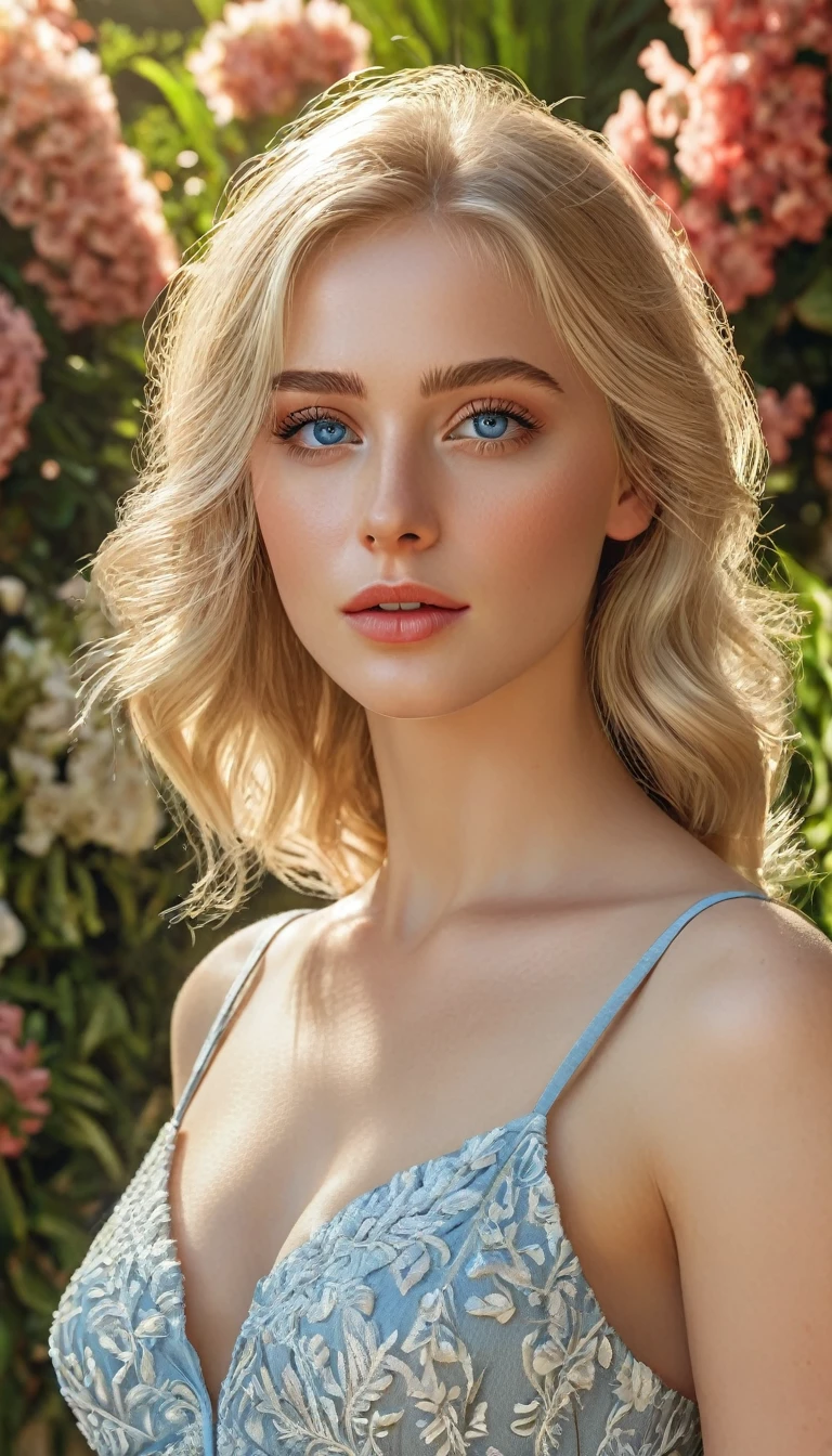 a beautiful european girl in a beach, blonde and blue eyes, 1girl, detailed face, beautiful eyes, long eyelashes, detailed lips, detailed nose, detailed facial features, elegant dress, outdoor garden setting, flowers, lush greenery, sunlight, warm color palette, highly detailed, photorealistic, 8k, (best quality,4k,8k,highres,masterpiece:1.2),ultra-detailed,(realistic,photorealistic,photo-realistic:1.37), vibrant colors, natural lighting