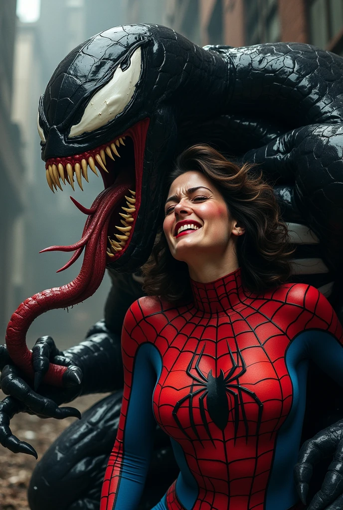 Woman dressed as spiderman crying in pain having sex with venom