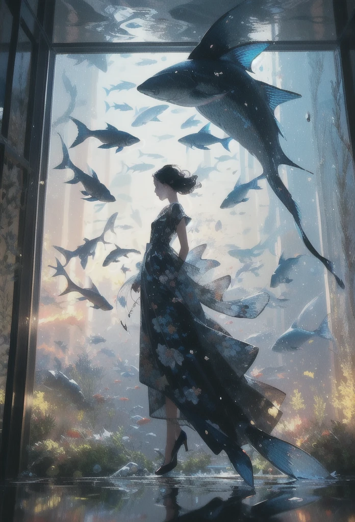 Generate an illustration of a beautiful girl looking at a museum exhibition room lined with fish bone specimens, in the style of Takato Yamamoto. The main focus is on the fish specimens. The exhibition room is dark, and only the fish bone specimens are lit up. Please incorporate fantasy elements into the fantastical scenery.