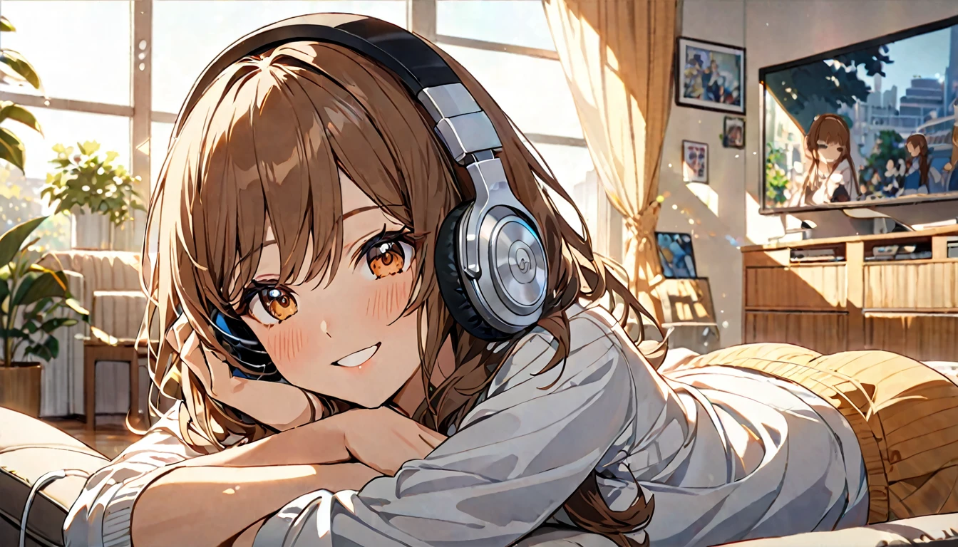 (Brown-haired girl wearing headphones), (Listening to music in the living room), (Very detailed, masterpiece, Highest quality, bright), (Anime Style)
background: brightリビングルーム
表情: Happy smiling costume: Casual home wear pose: A scene of people lying on the sofa and enjoying music: The afternoon sunlight streaming in through the window、Relaxing music
