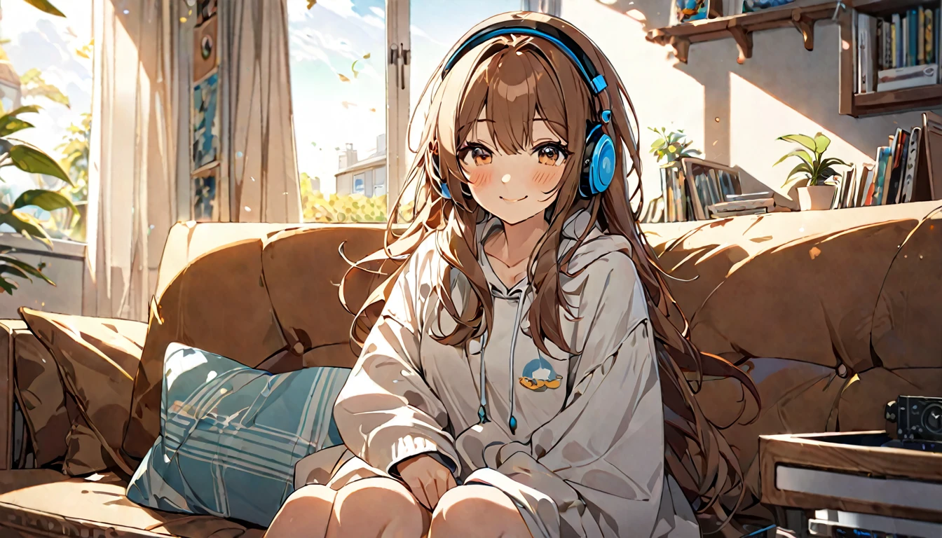 (Brown-haired girl wearing headphones), (Listening to music in the living room), (Very detailed, masterpiece, Highest quality, bright), (Anime Style)
background: brightリビングルーム
表情: Happy smiling costume: Casual home wear pose: A scene of people lying on the sofa and enjoying music: The afternoon sunlight streaming in through the window、Relaxing music