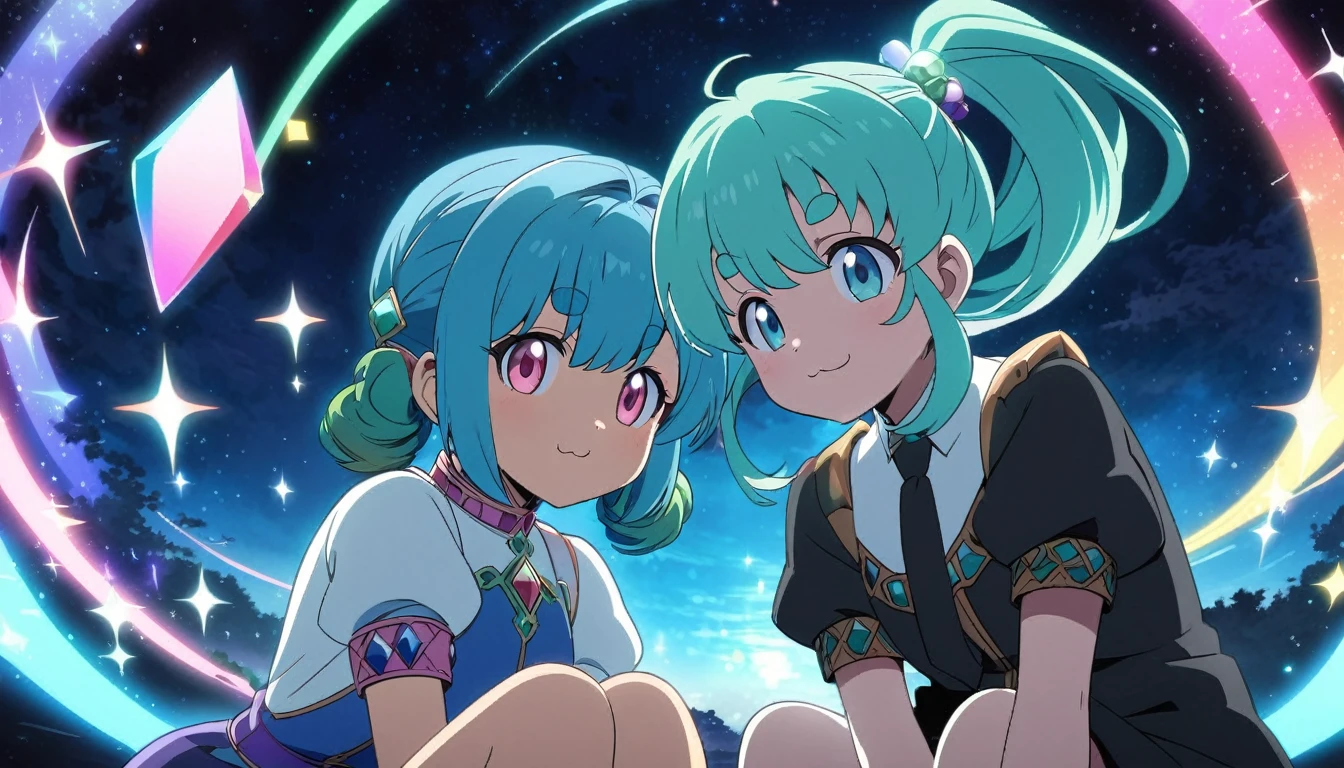 ((colourful, As detailed as possible)), Two Anime Friends, sitting side by side and looking at the camera against the night sky, Two friends, 2 d anime style, flat anime style, in anime style, the anime, anime stylized, glass hair, Glowing Hair, portraite of a, Gemstone uniforms \(The Land of Precious Stones\), black uniform, black necktie, white  shirt, puffy short sleeves, Shorts, Smile, puffy short sleeves, Puffy armbands, Shirt, short sleeve, sparkle, (The first girl with a high shoulder-length ponytail and a calm face), beatiful face, multi-colored hair, Hair gradient, Hair color from blue to peach, without bangs, curly curl on the cheek, hairstyle: high ponytail, long tail, hair from Tanzanite, peach-colored eyes, :3, Short eyebrows,(The second girl with two long green pigtails and a happy face), wide eyes, turquoise hair, Turquoise textured hair, (turquoise two pigtails), Night background, natural light, vivid picture, Additional lighting, outer space, the stars, Multi-colored space, Beautiful sky