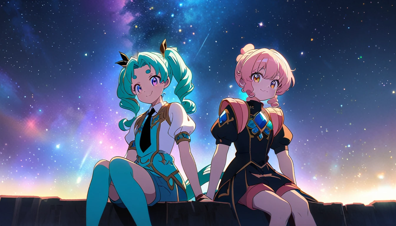 ((colourful, As detailed as possible)), Two Anime Friends, sitting side by side and looking at the camera against the night sky, Two friends, 2 d anime style, flat anime style, in anime style, the anime, anime stylized, glass hair, Glowing Hair, portraite of a, Gemstone uniforms \(The Land of Precious Stones\), black uniform, black necktie, white shirt, puffy short sleeves, Shorts, Smile, puffy short sleeves, Puffy armbands, Shirt, short sleeve, sparkle, (The first girl with a high shoulder-length ponytail and a calm face), beatiful face, multi-colored hair, Hair gradient, Hair color from blue to peach, without bangs, curly curl on the cheek, hairstyle: high ponytail, long tail, hair from Tanzanite, peach-colored eyes, :3, Short eyebrows,(The second girl with two long green pigtails and a happy face), wide eyes, turquoise hair, Turquoise textured hair, (turquoise two pigtails), Night background, natural light, vivid picture, Additional lighting, outer space, the stars, Multi-colored space, Beautiful sky