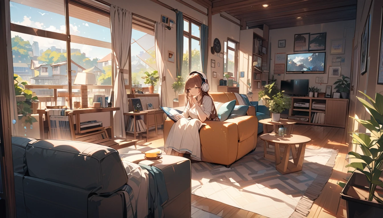 (Brown-haired girl wearing headphones), (Listening to music in the living room), (Very detailed, masterpiece, Highest quality, bright), (Anime Style)
background: brightリビングルーム
表情: Happy smiling costume: Casual home wear pose: A scene of people lying on the sofa and enjoying music: The afternoon sunlight streaming in through the window、Relaxing music
