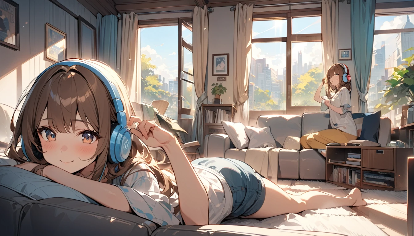 (Brown-haired girl wearing headphones), (Listening to music in the living room), (Very detailed, masterpiece, Highest quality, bright), (Anime Style)
background: brightリビングルーム
表情: Happy smiling costume: Casual home wear pose: A scene of people lying on the sofa and enjoying music: The afternoon sunlight streaming in through the window、Relaxing music
