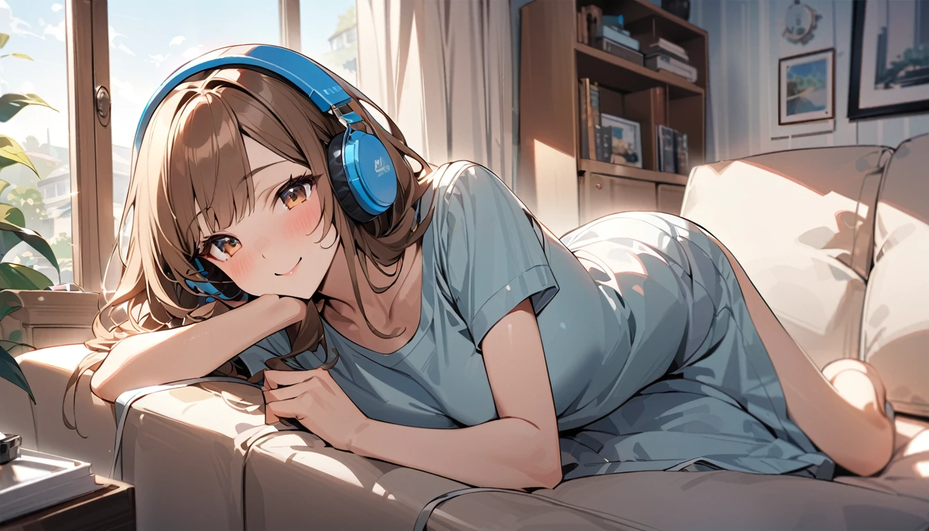 (Brown-haired girl wearing headphones), (Listening to music in the living room), (Very detailed, masterpiece, Highest quality, bright), (Anime Style)
background: brightリビングルーム
表情: Happy smiling costume: Casual home wear pose: A scene of people lying on the sofa and enjoying music: The afternoon sunlight streaming in through the window、Relaxing music
