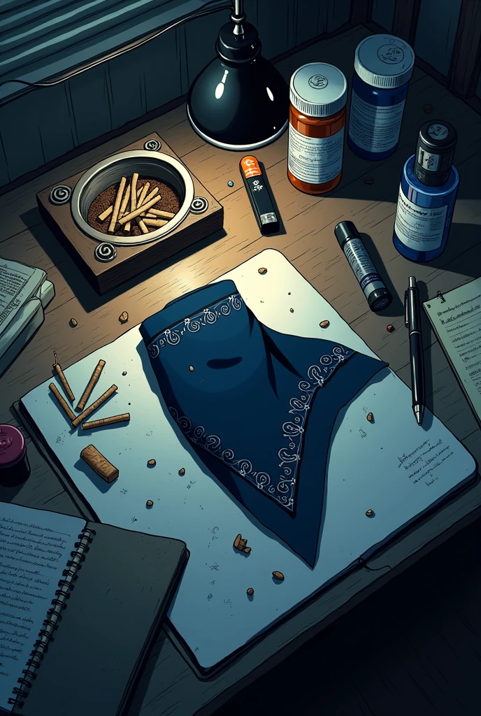 The view of a desk from above. Sobre ela, there is an ashtray smoking and full of cigarettes, besides a small notebook and a nice pen. Also on the table, next to the ashtray, a BIC brand lighter. On the table, in the spotlight, the bandana of the character NARUTO. Also on the table comprimidos de remédio e uma garrafa com líquido azul. 

It must be in gothic illustration, darkly. 