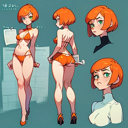  A  girl with short orange hair in a bob style cut, a thin face with big green eyes, small lips and an upturned nose, and freckles on her cheeks.

With a tall, slim and elegant body with small breasts and wide hips and very waisted with long legs and fat thighs

Dressed in blue  erotic micro bikini with cat elements

(((character sheet))) ((various views)) ((front and back) (Face detail) (full body)