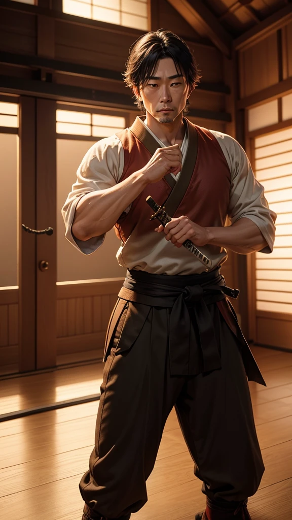 ((4k)) Hiroshi in a wooden dojo, practicing sword moves. His master, an older samurai, watches intently.