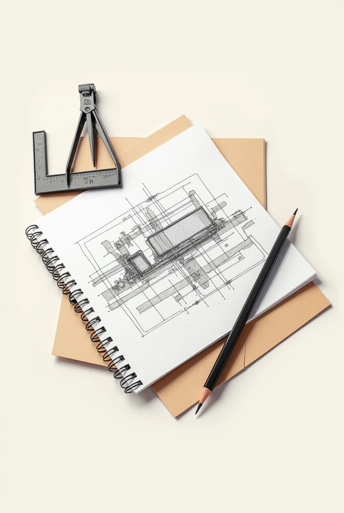 Create a formal logo that represents the technical drawing area with its basic elements such as a square ruler,a compass,a sheet of paper , a pencil