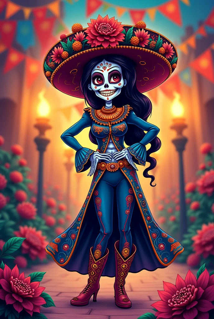 Cartoon of a catrina dressed as a charro on the day of the dead  